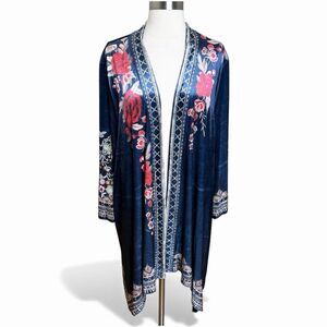 Ursime Floral Velour Blue Kimono Womens 3XL Open Topper Velvet Boho Whimsical